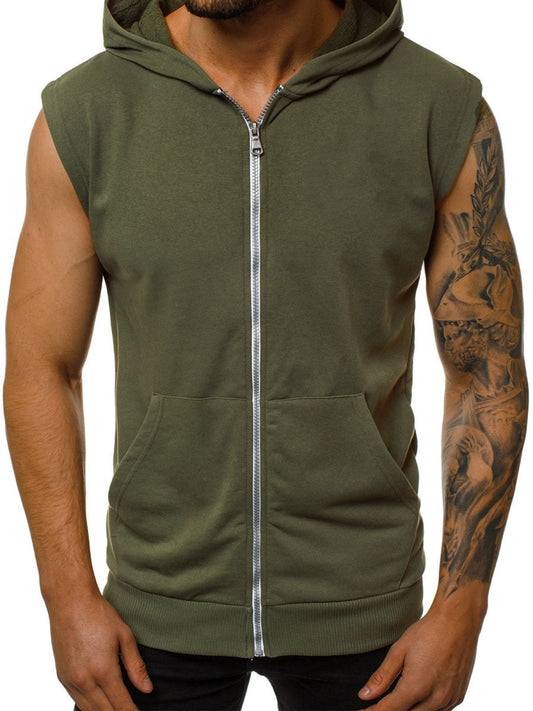 Men's Sleeveless Fitness Hooded Shirts with Zipper